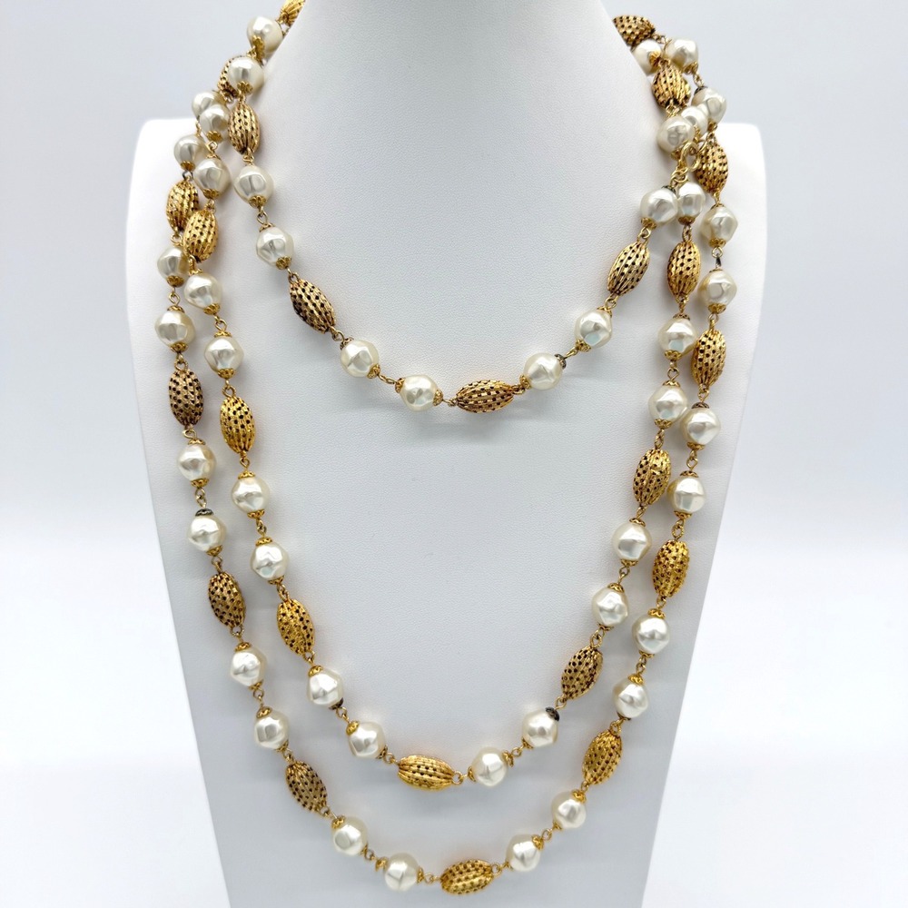 Vintage Faux Baroque Pearl Gold Tone Long Necklace Layered Runway Style